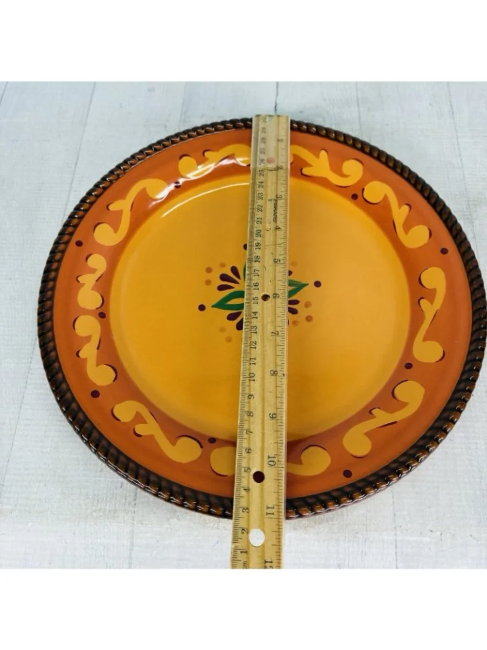 Celebrating Home TUSCAN Orange Red Yellow Rope Trim Stoneware Dinner Plate Set 3